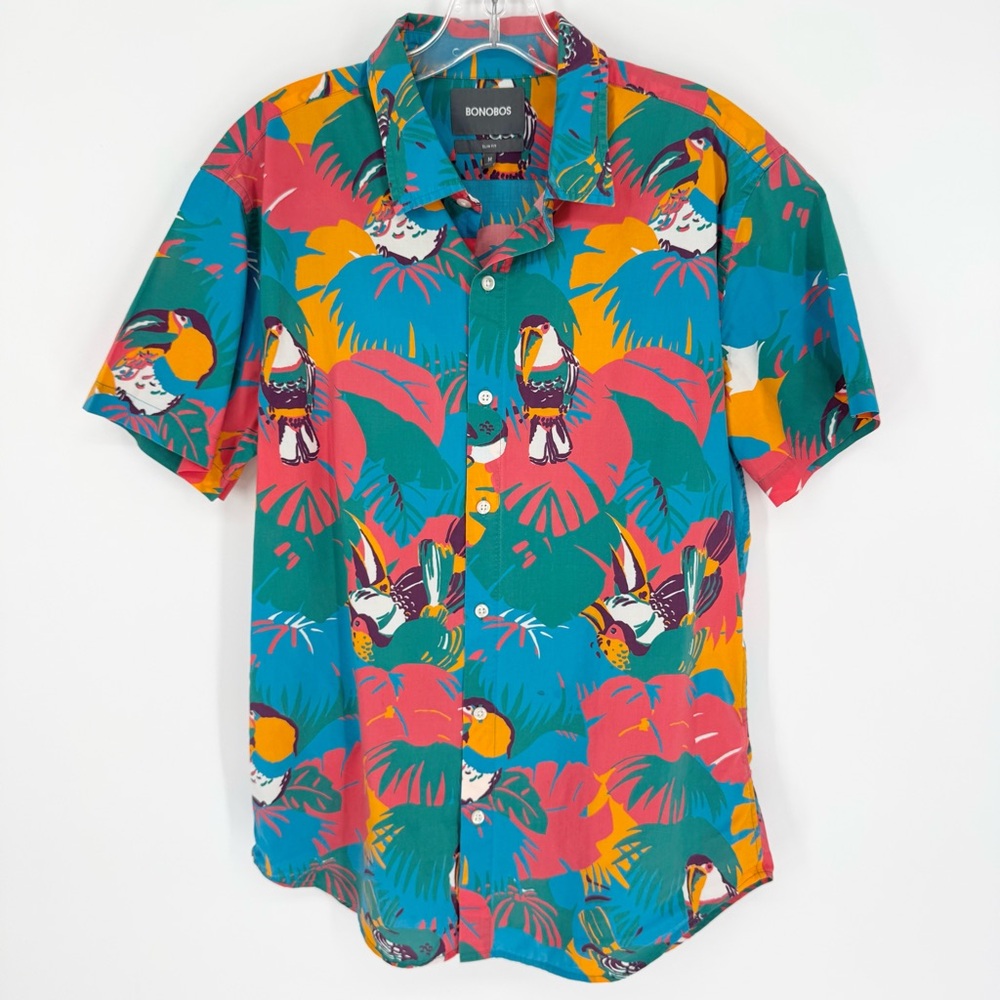 BONOBOS Coral Toucan Tropics Riviera Short Sleeve Button Down Shirt Blue Size M - Picture 4 of 11